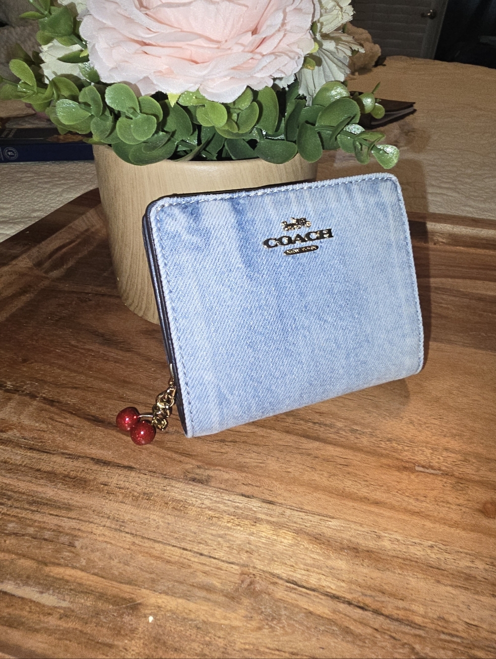 NWT Coach Loved Denim Wallet With Cherry Charm